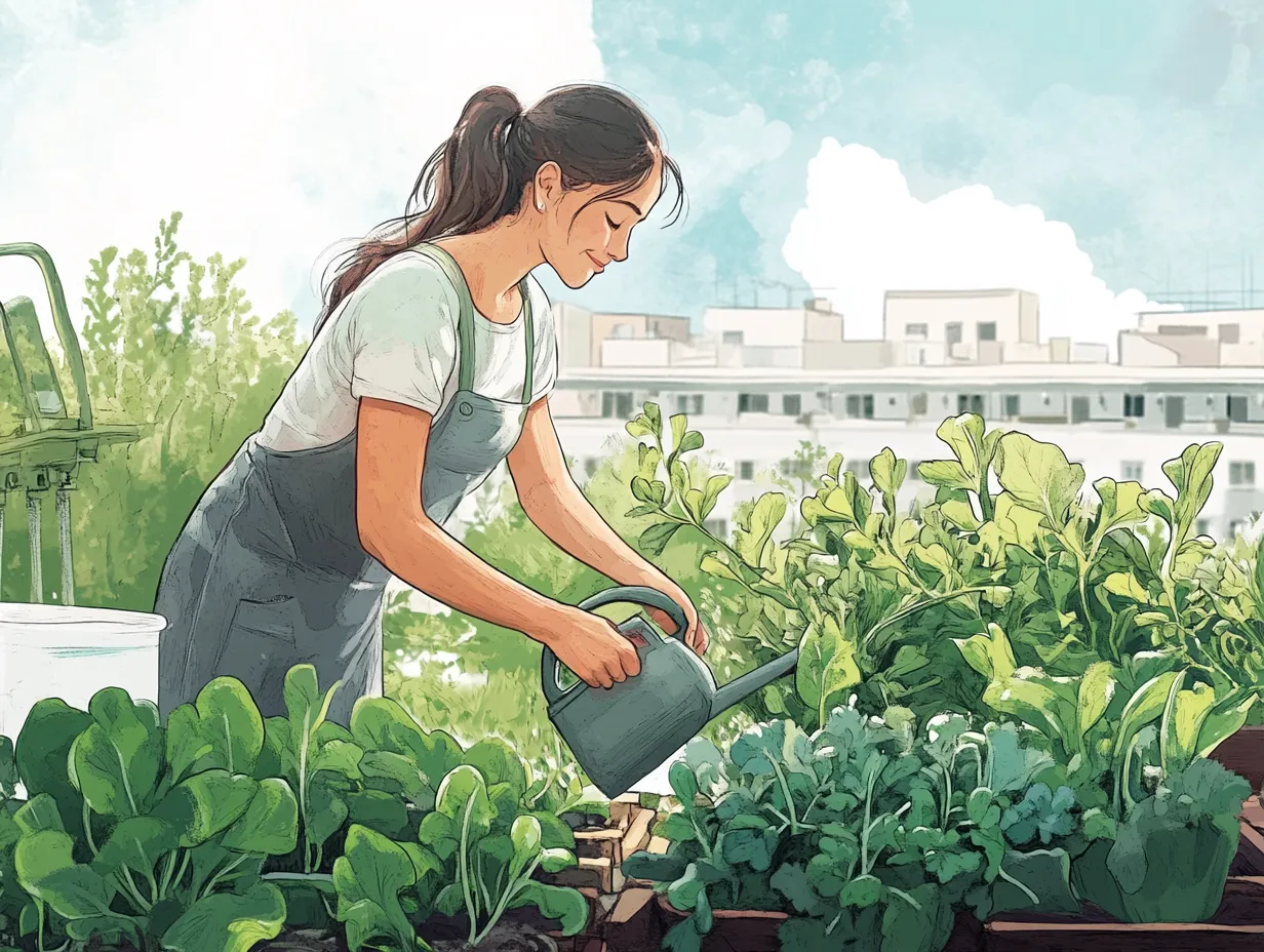 Aquarell-Illustration einer Frau, die ihren Garten in Berlin gießt