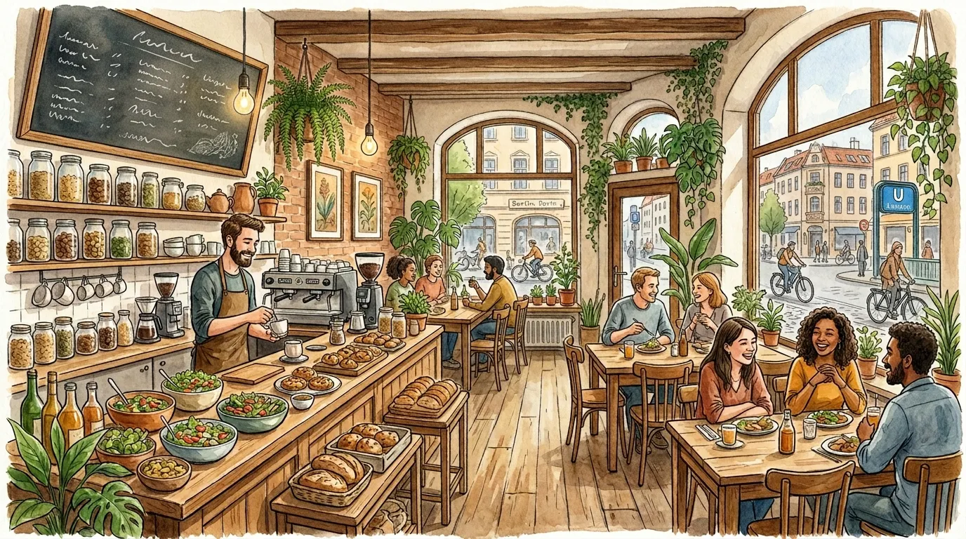 Aquarell-Illustration eines gemütlichen nachhaltigen Restaurants in Berlin mit Bio-Gerichten und Gästen