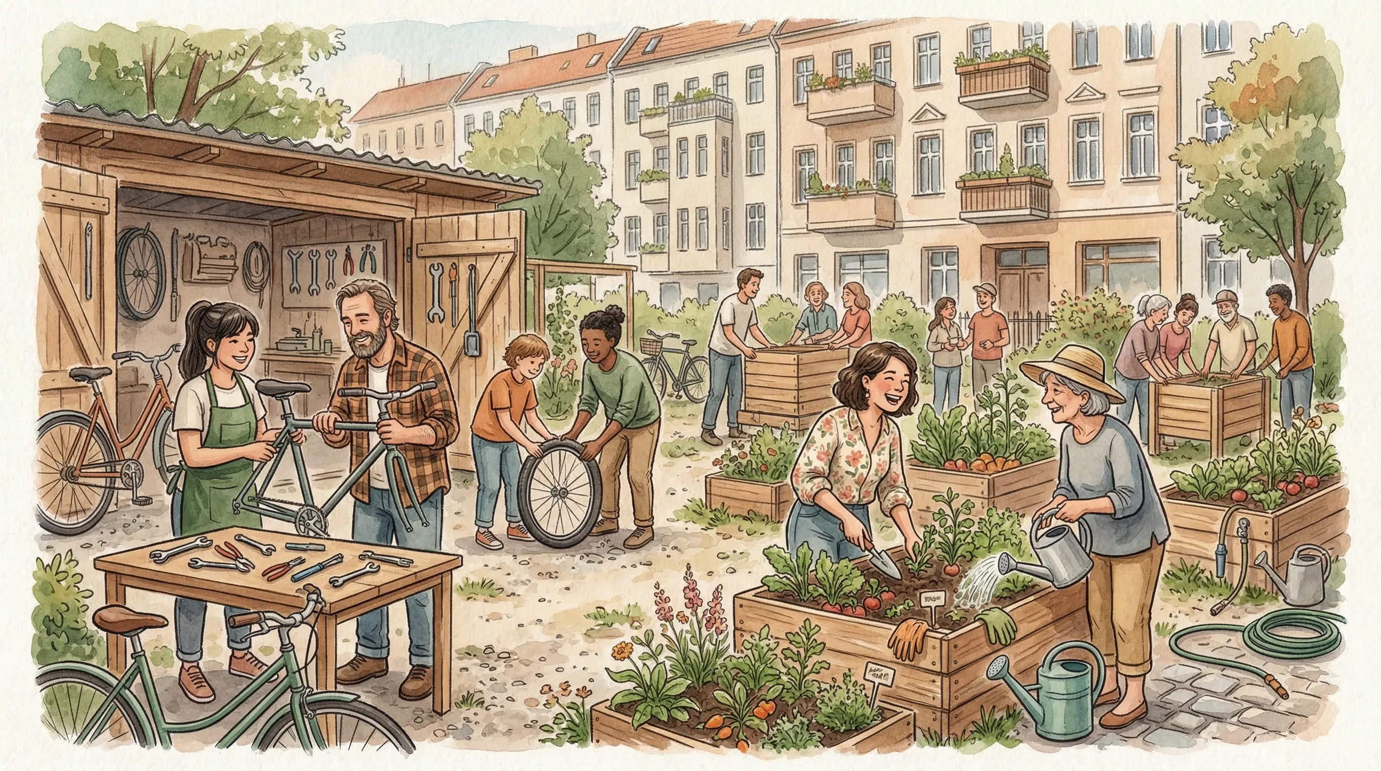 Aquarell-Illustration einer nachhaltigen Initiative in Berlin