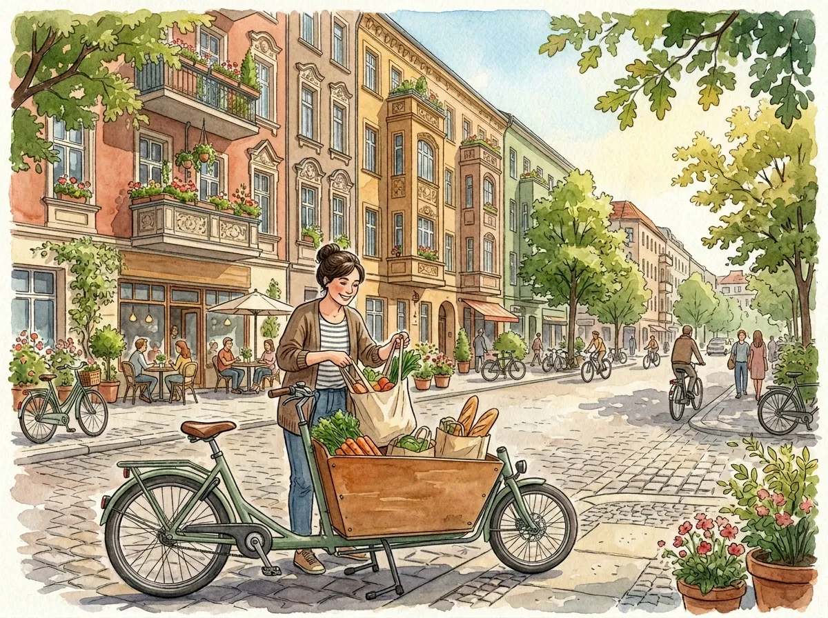 Aquarell-Illustration einer Berliner Straßenszene mit Lastenrad, Altbauten und gemütlichem Café