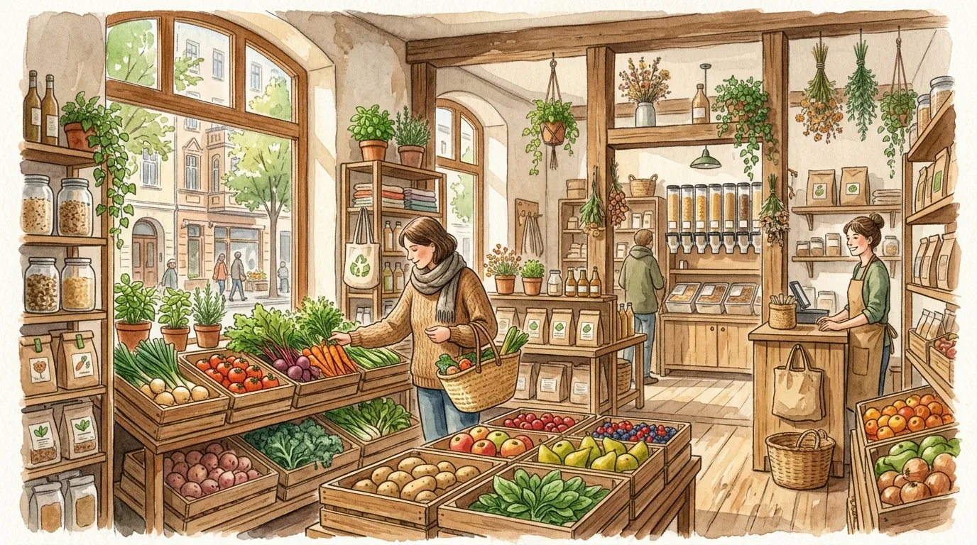 Aquarell-Illustration eines nachhaltigen Bio-Ladens in Berlin mit frischem Gemüse und Obst