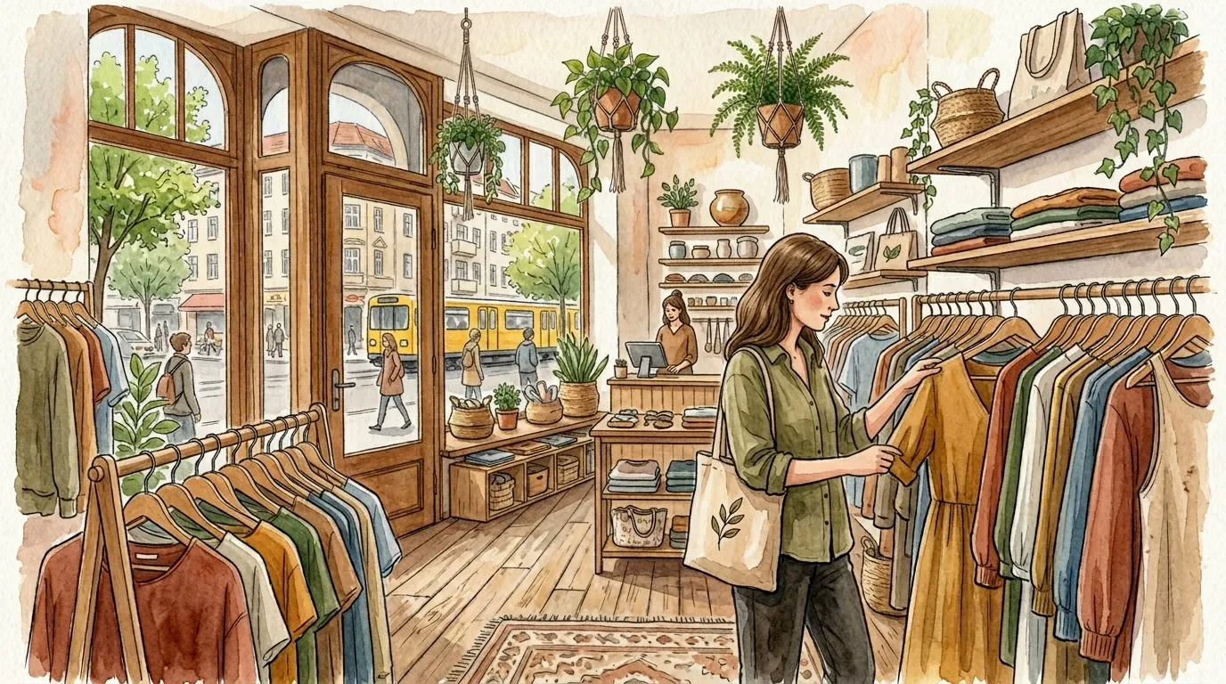 Aquarell-Illustration einer nachhaltigen Fair-Fashion-Boutique in Berlin mit Kleiderstangen und Hängepflanzen