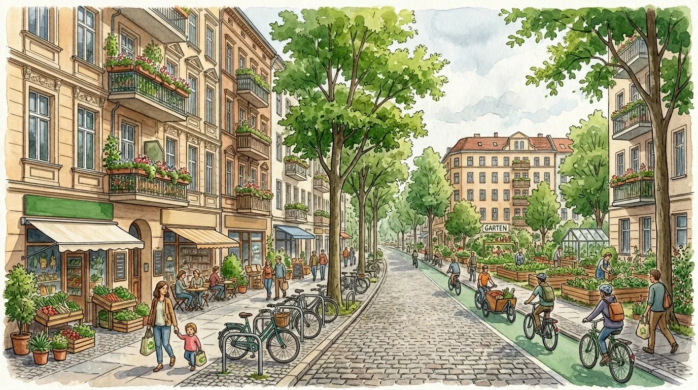Aquarell-Illustration einer grünen Berliner Straße mit nachhaltigen Läden, Fahrrädern und Altbauten