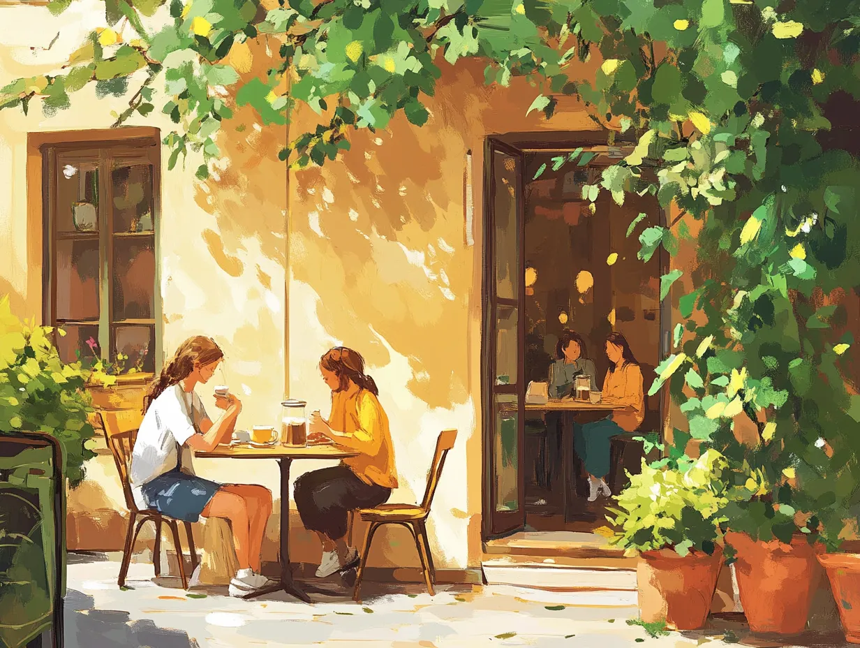 Sonniges Café mit Außenbereich und nachhaltiger Einrichtung